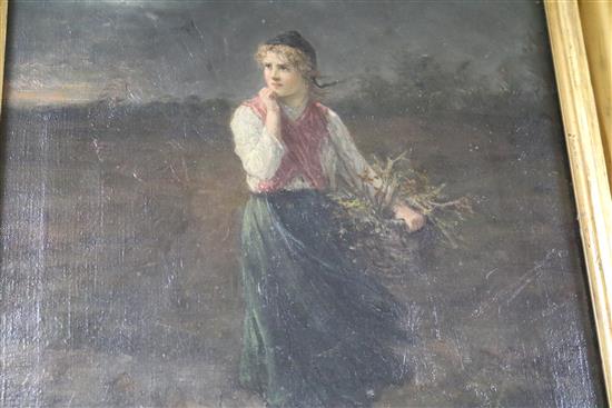 19th century English school, oil on canvas, girl in a stormy landscape, 44 x 34cm